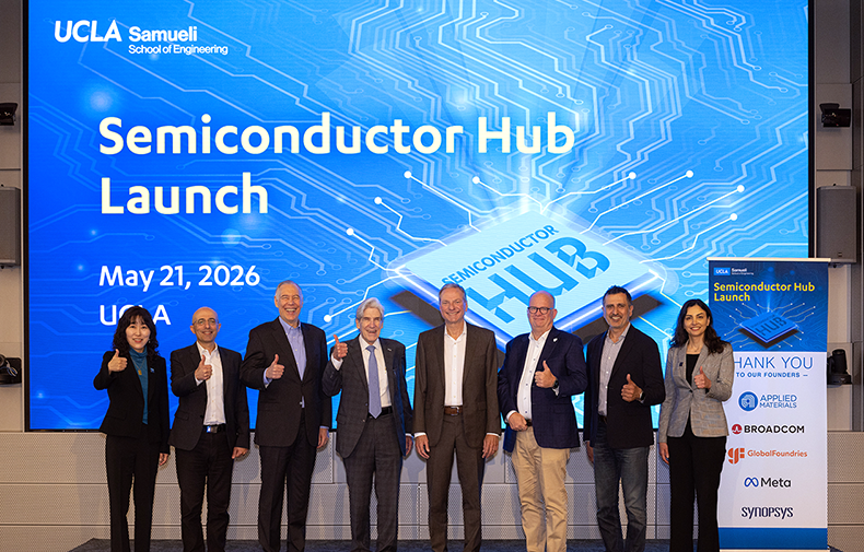 Alissa Park, Charlie Kawwas, Gary Dickerson, Julio Frenk, Henry Samueli, Michael Hogan, Sassine Ghazi and Mona Jarrahi at Semiconductor Hub Launch at UCLA