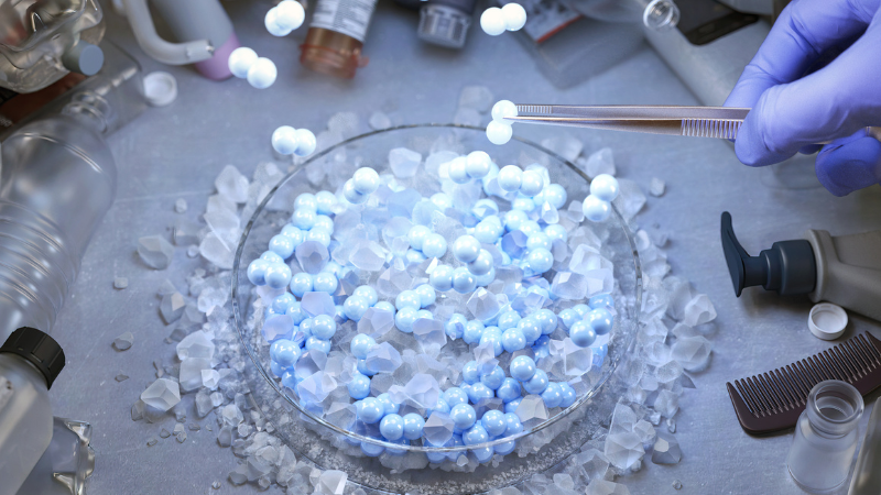 Stylized illustration representing the researchers' process turning mixed plastic waste into clean hydrogen gas
