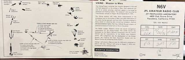 QSL card documenting Fred Rosenthal’s amateur ham radio communication with NASA’s Viking Spacecraft during its mission to Mars, dated October 26, 1976.