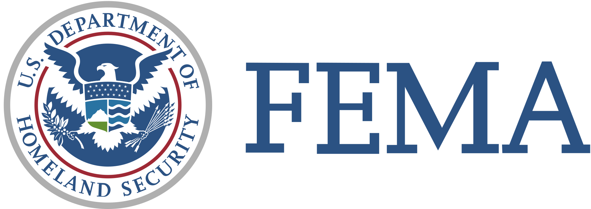The U.S. Department of Homeland Security logo on the left (the words U.S. Department of Homeland Security circling an eagle with laurels and arrows) and the words letters F E M A on the right.