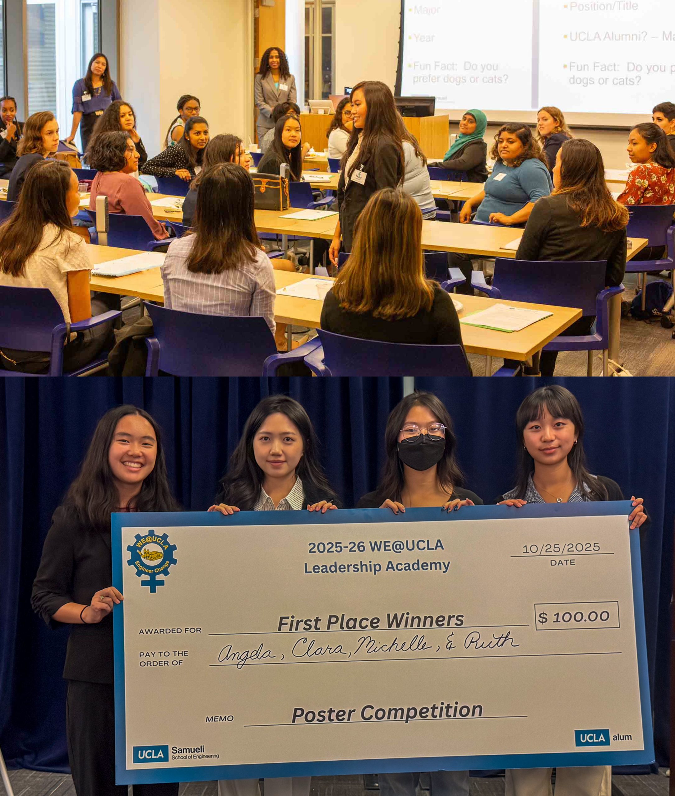 UCLA Samueli students participating in the WE@UCLA Leadership Academy and a group of last year's participants holding a large check to celebrate their achievement as winners of the poster competition