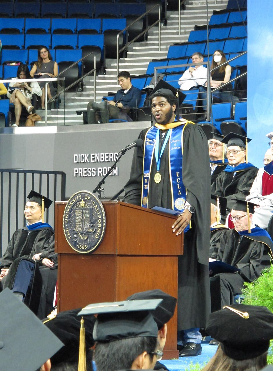 Myles Johnson, the 6-foot-10 former UCLA men's basketball center and engineering graduate student, delivered the commencement speech.