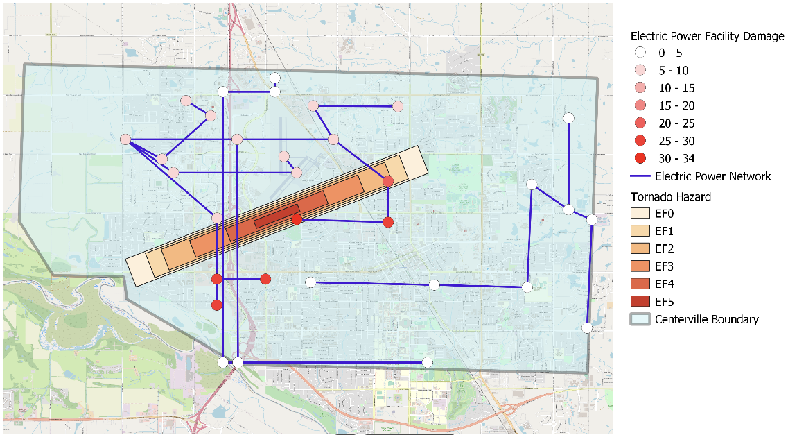 Technical image showing tornado hazard boundaries versus electrical facility damage