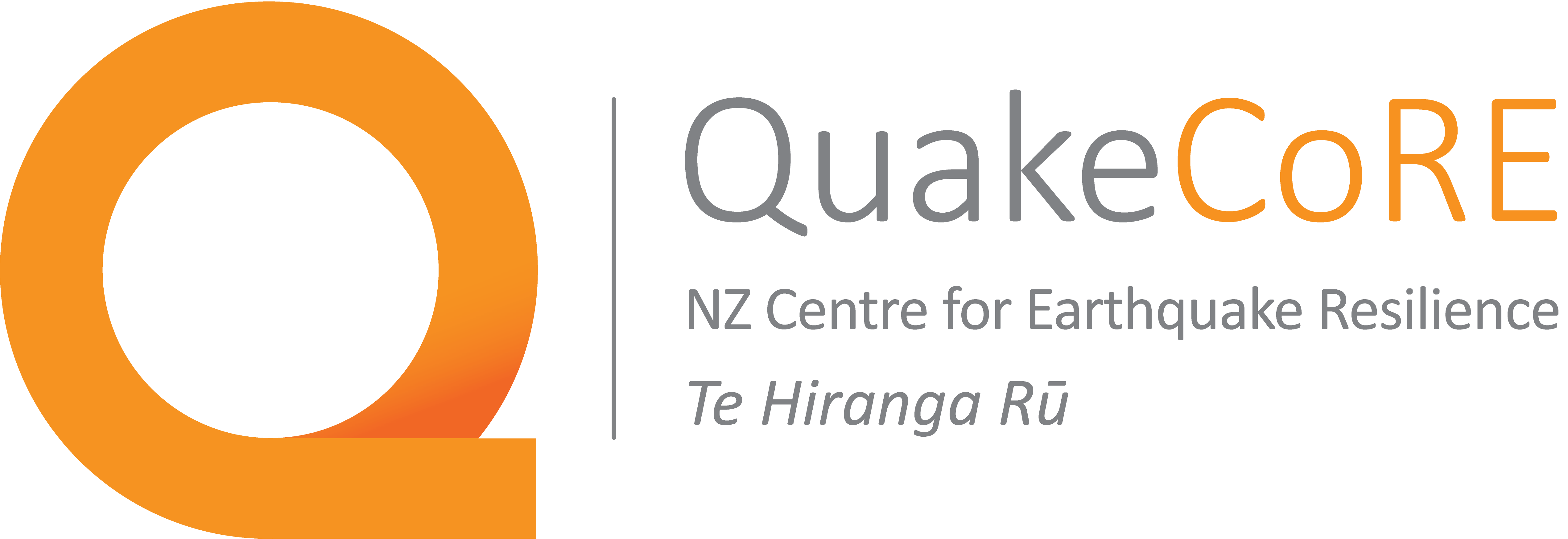 Quakecore Logo: The letter Q on the left, the text QuakeCoRE, NZ Center for Earthquake Resilience Te Hiring Ru, on the right