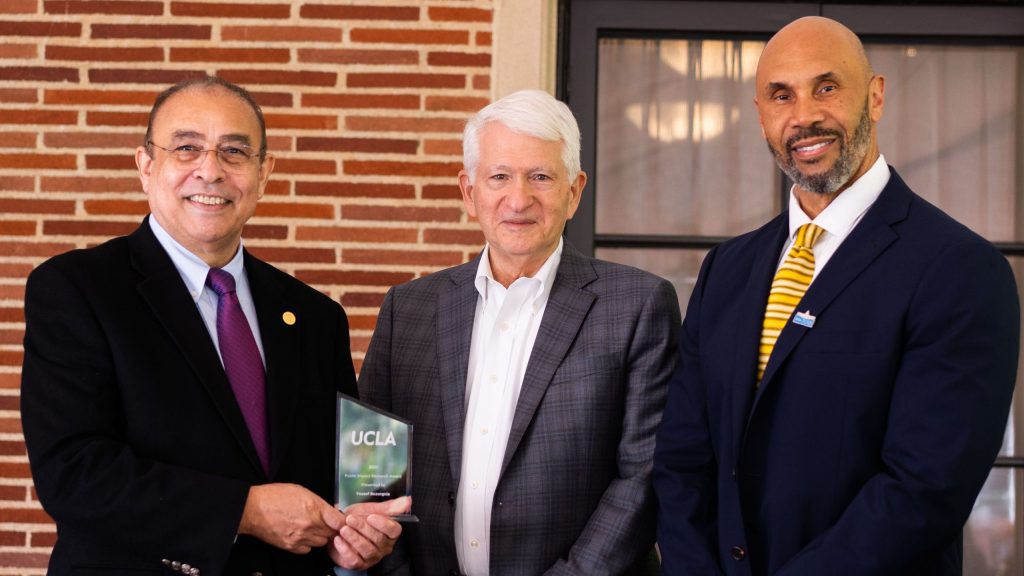 Yousef Bozorgnia (left) with UCLA Chancellor Gene Block (middle) and Executive Vice Chancellor and Provost Darnell Hunt (right) at the award ceremony