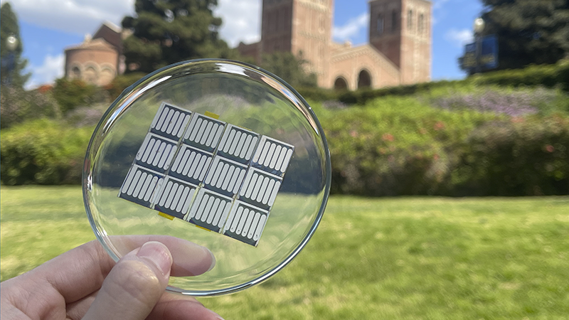 Photo of a thin film perovskite solar cell produced with a manufacturing process fix developed by UCLA researchers and colleagues.