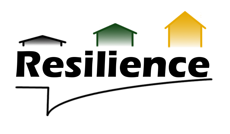 The word "Resilience" with three houses on top of it in gradient colors black, green, and yellow.